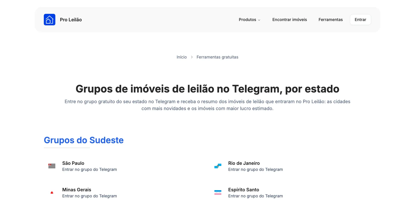 A lista de grupos do Telegram por estado, na página pública.