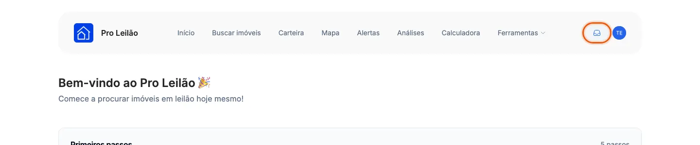 O ícone de Primeiros passos, no canto direito do topo do site.