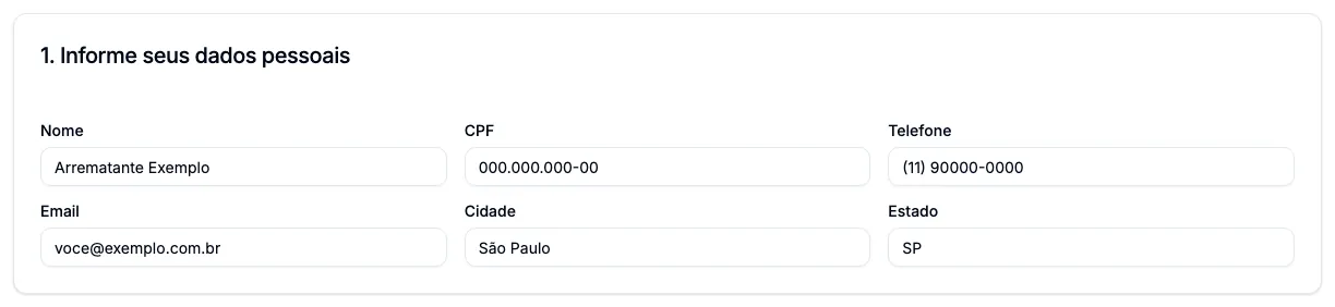 Os dados do arrematante preenchidos com dados de exemplo.