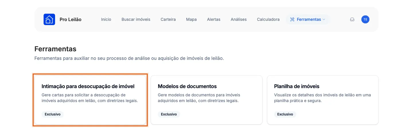 O cartão da intimação na página Ferramentas.