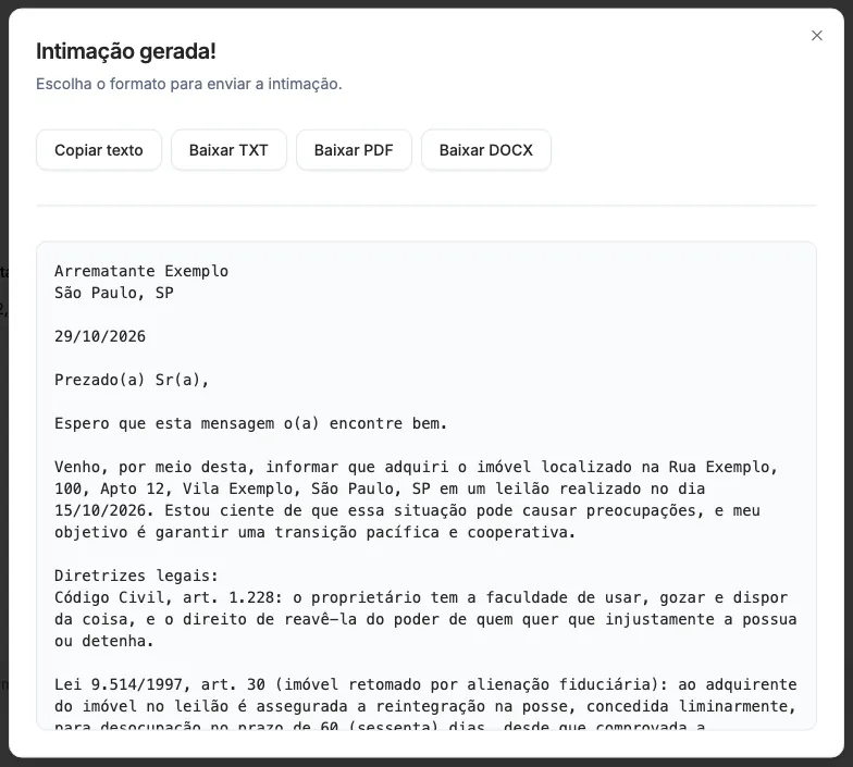 A carta gerada, com os botões para copiar e baixar.