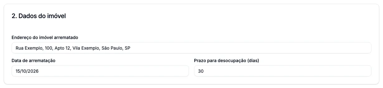 Endereço, data da arrematação e prazo preenchidos.