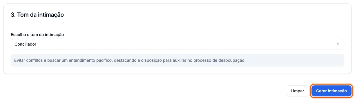 O tom Conciliador escolhido e o botão Gerar intimação.