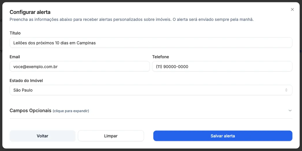 Os dados do alerta preenchidos.