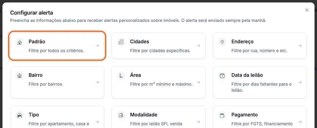 O cartão Padrão, na janela Configurar alerta.