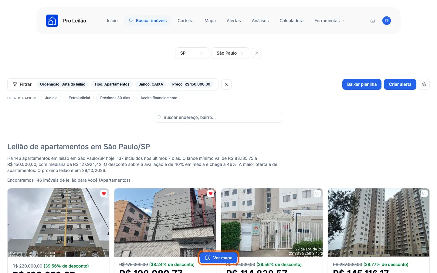A lista filtrada de apartamentos da Caixa em São Paulo, com o botão Ver mapa.