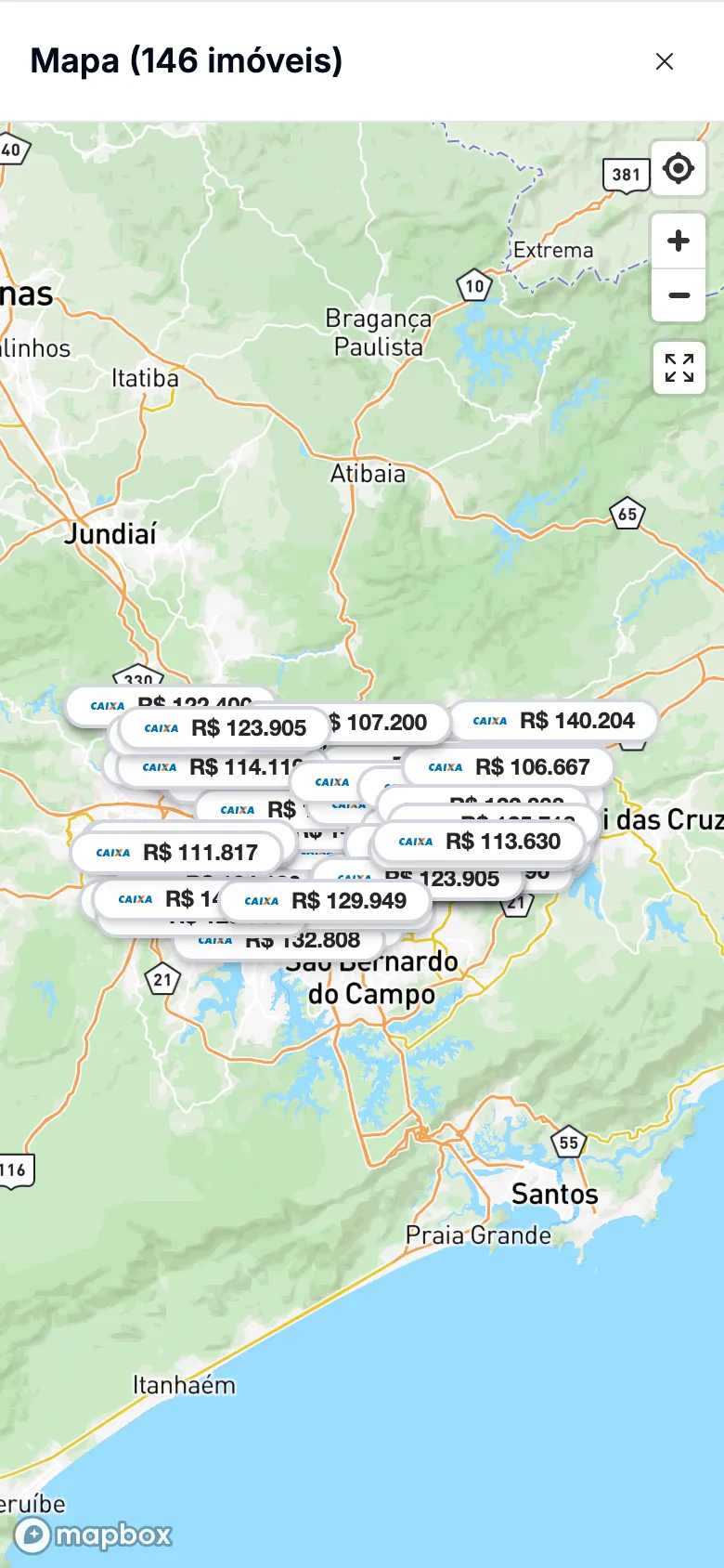 No celular, o mapa abre por cima da lista, com a quantidade de imóveis no alto.