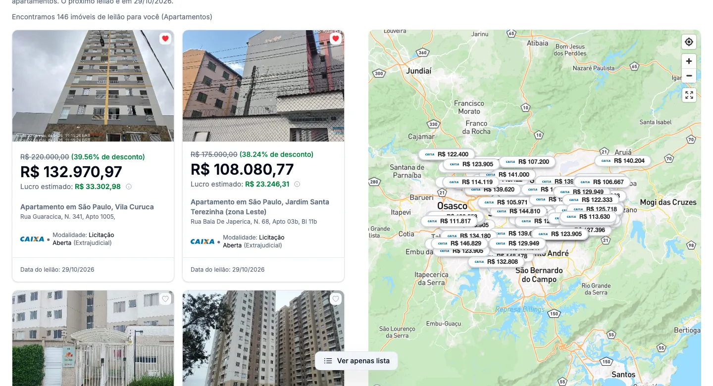 A lista e o mapa lado a lado.