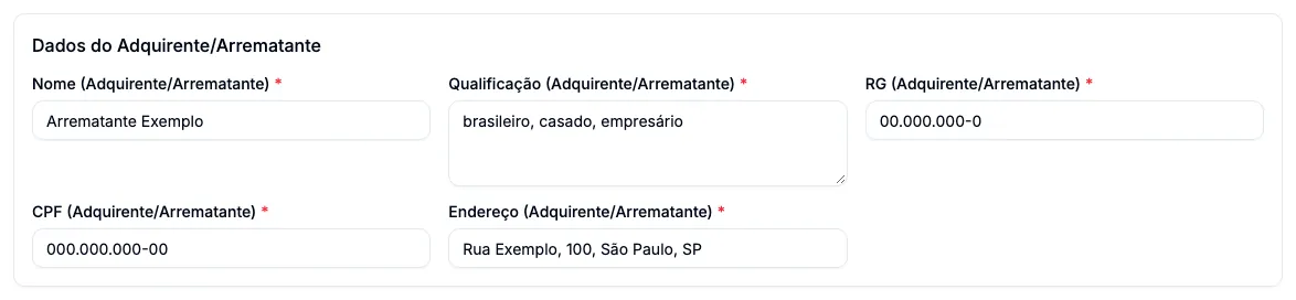 O bloco de dados do arrematante, com dados de exemplo.