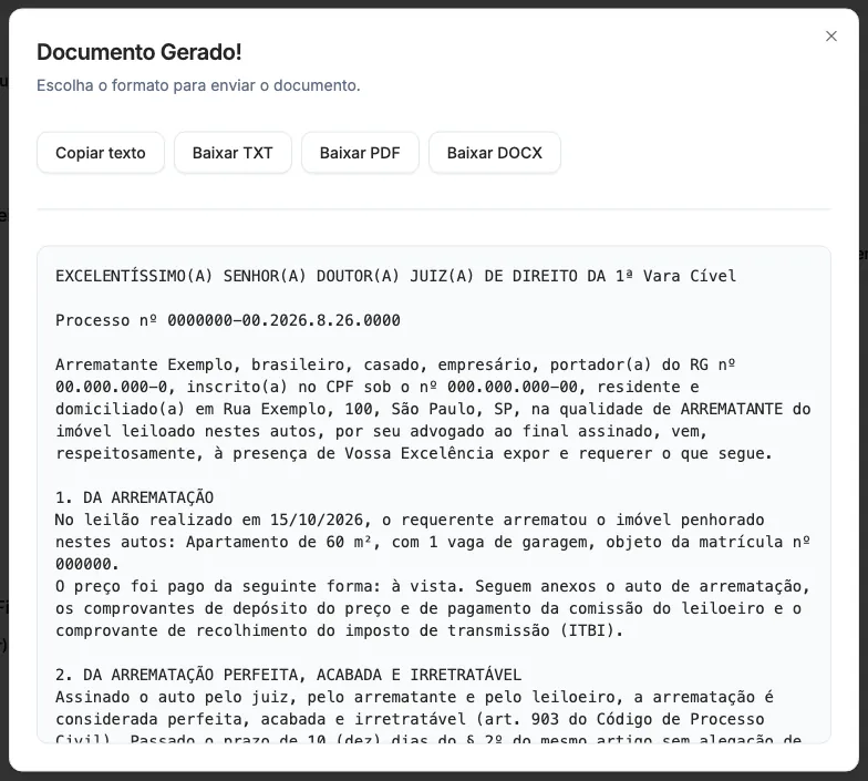 O documento gerado, com os botões para copiar e baixar.