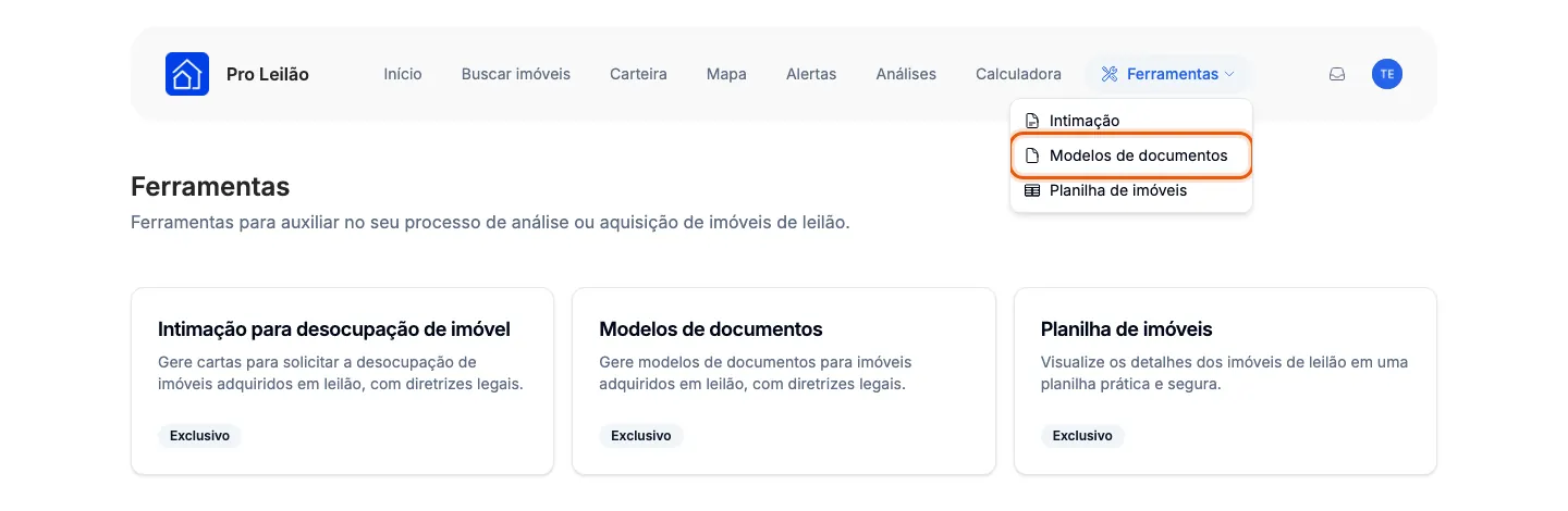 Modelos de documentos, no menu Ferramentas.