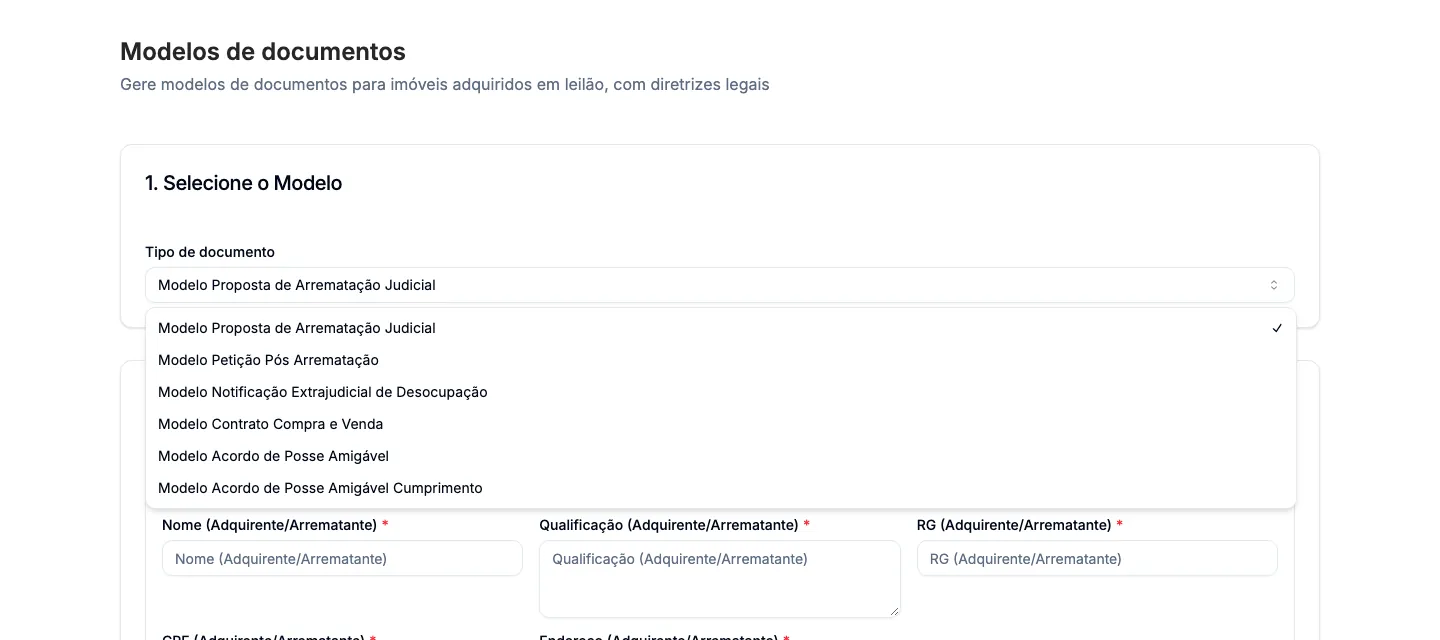 A lista de modelos no campo Tipo de documento.