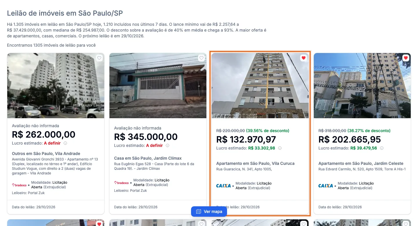 Um cartão da lista de imóveis de São Paulo.