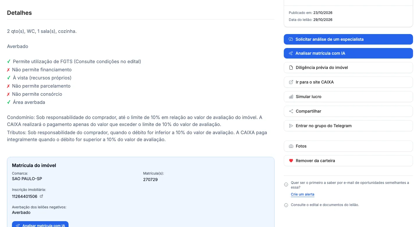 As condições de pagamento e os dados da matrícula do imóvel.