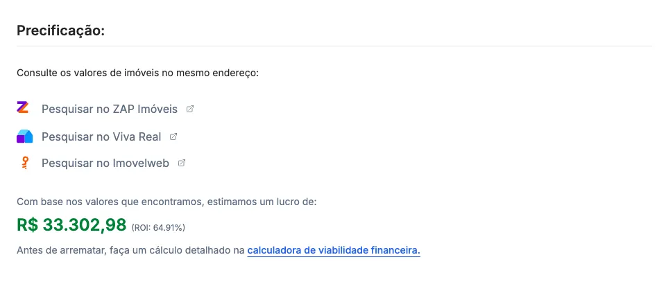 A pesquisa de preço da região, na página do imóvel.