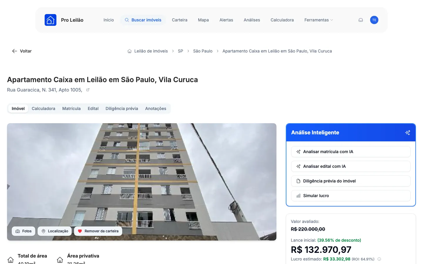 O alto da página do imóvel, com preço, desconto e lucro estimado.