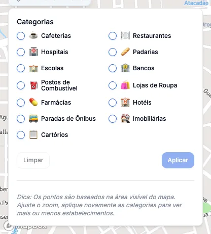 As 13 categorias de pontos de interesse.