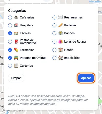 Escolas, Farmácias e Paradas de Ônibus marcadas.