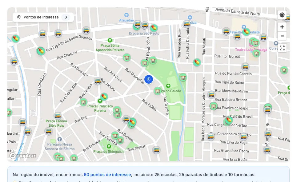 Escolas, farmácias e paradas de ônibus em volta do imóvel.