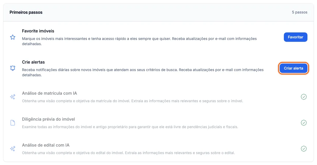 A lista de primeiros passos, com o botão de cada tarefa.
