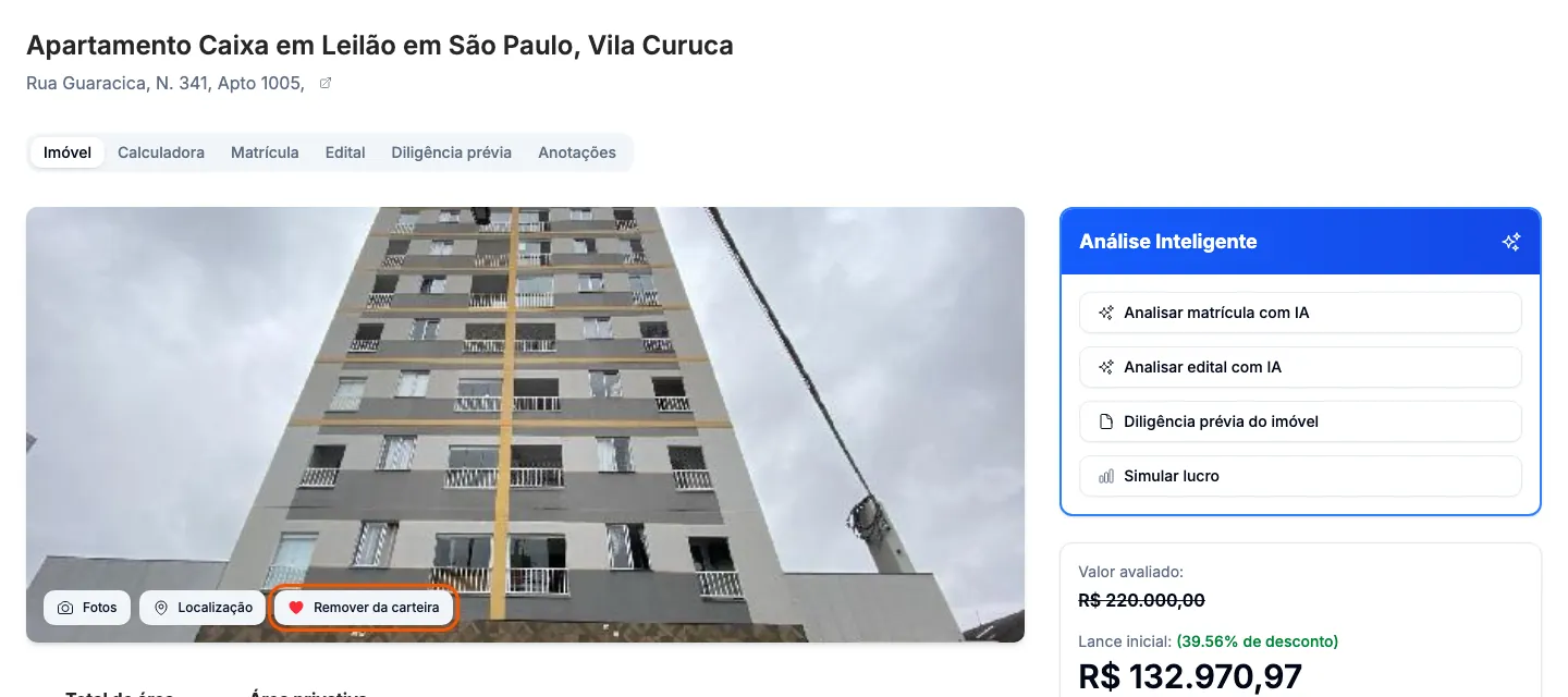 O botão Remover da carteira na página do imóvel.