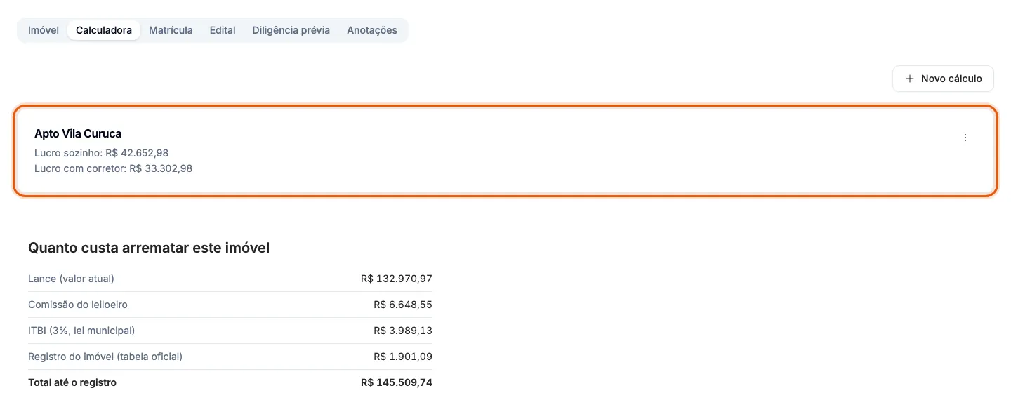Um cálculo salvo na aba Calculadora do imóvel.