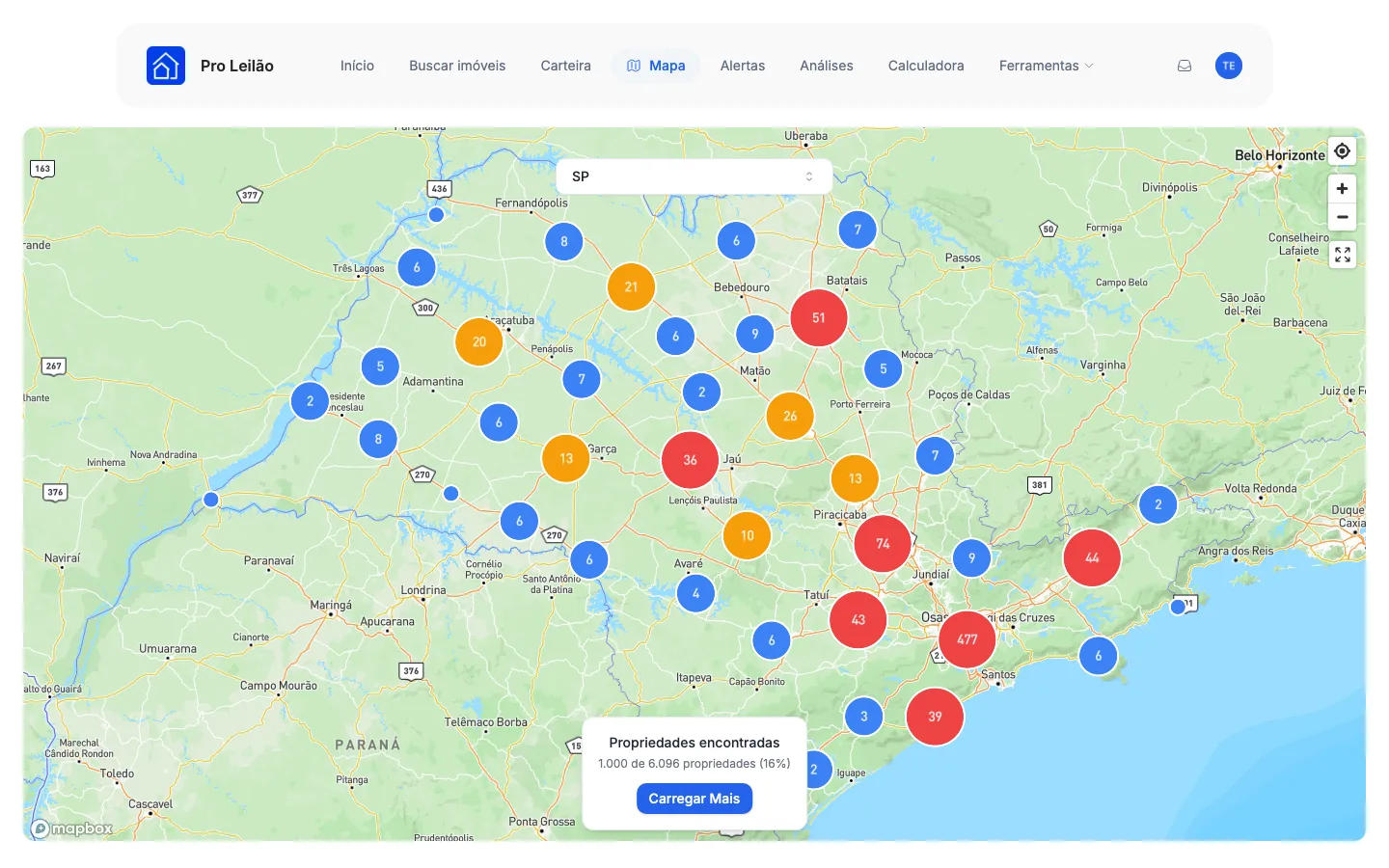 Os imóveis de São Paulo agrupados no mapa.