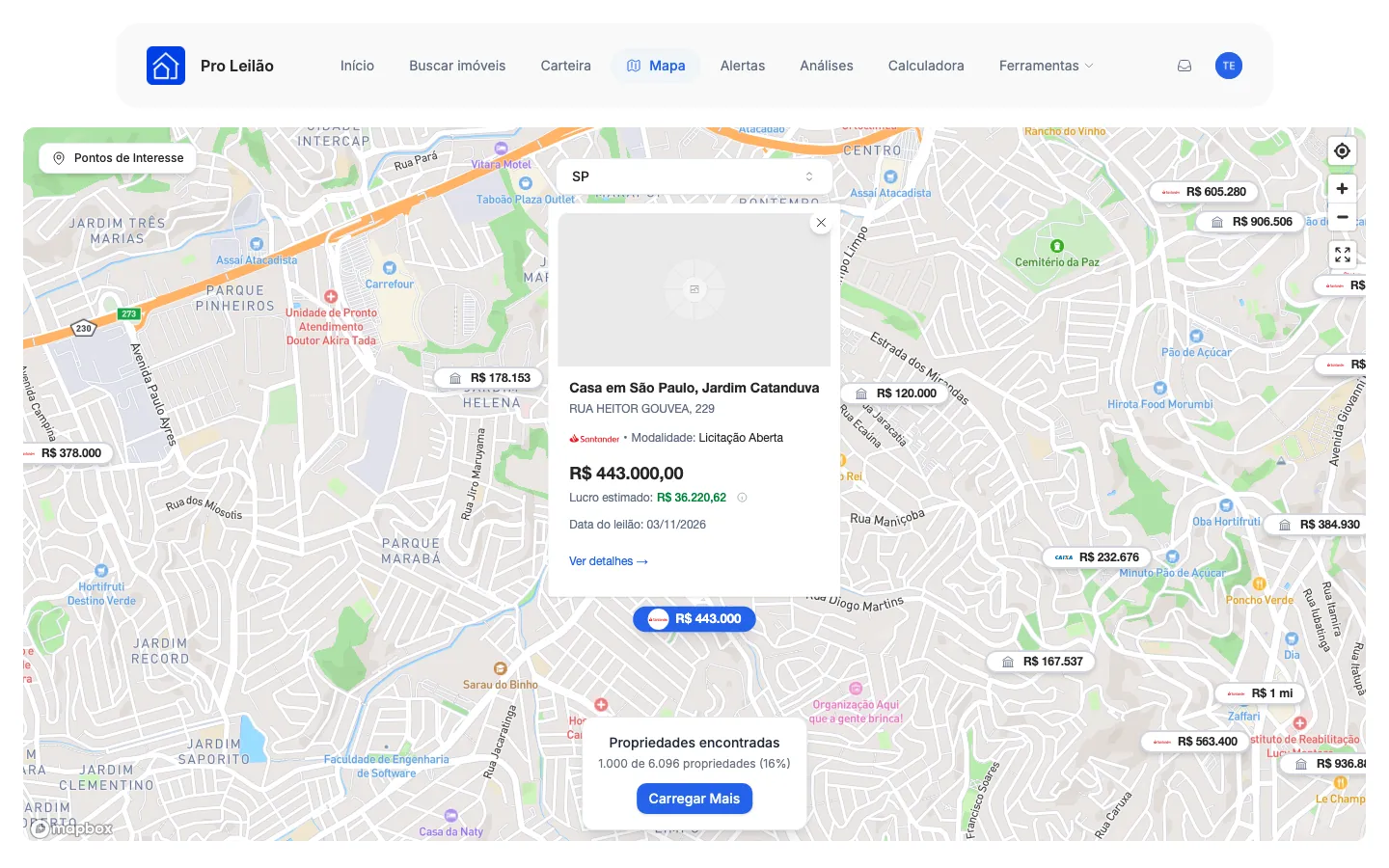 O resumo de um imóvel aberto no mapa.