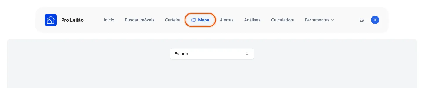Mapa, no menu do topo do site.