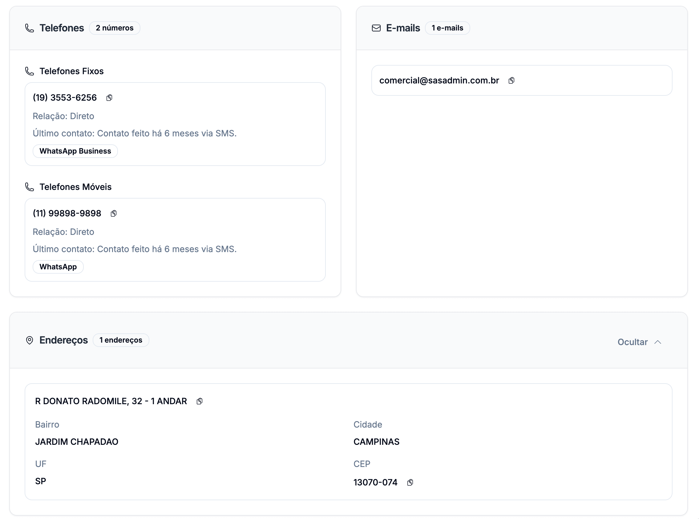 Contatos e Comunicação - Telefones e E-mails