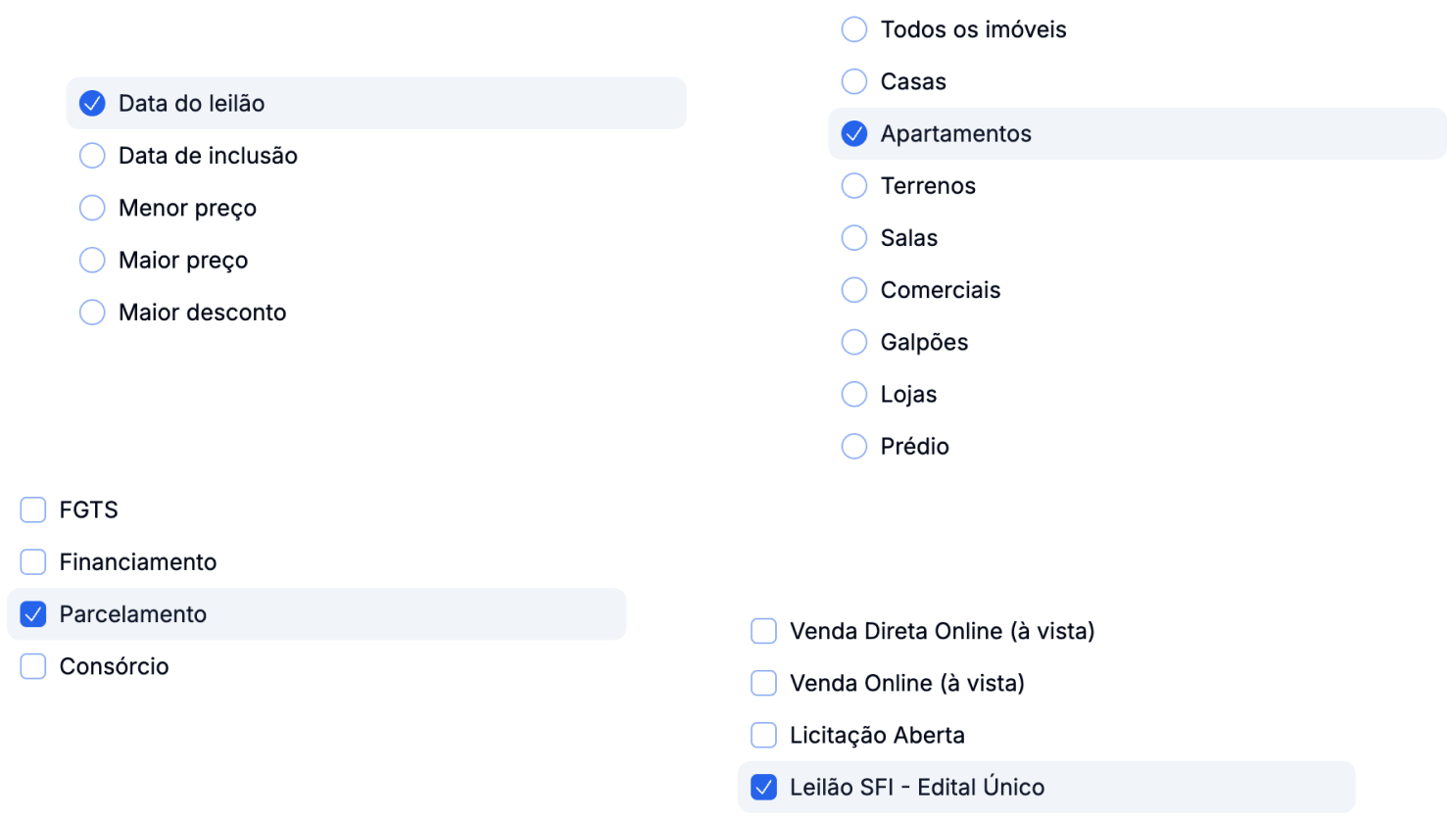 Filtros avançados para leilão de imóveis