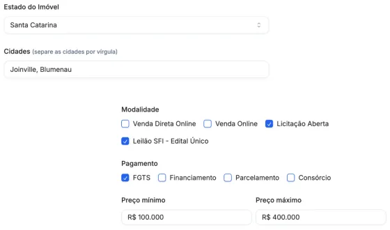 Notificações Diárias Personalizadas Formulário de alerta com estado, cidades, modalidade, pagamento e faixa de preço
