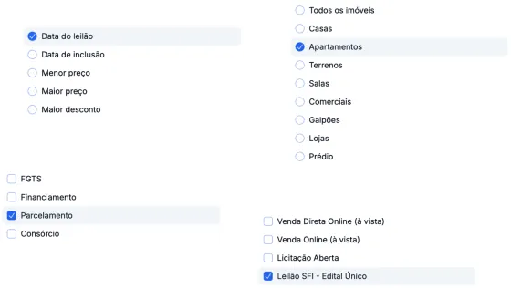 Filtros avançados para leilão de imóveis